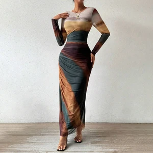 Women's Casual Dress High-End Slim Waist Long Sleeve Dress for Autumn Tie Dye Mesh Long Bodycon Dresses