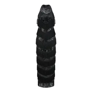 Bettergirl 2026 New Fashion High Quality Sequin Tassel Black Long Dress Slim Sleeveless Sexy Party Evening Dress