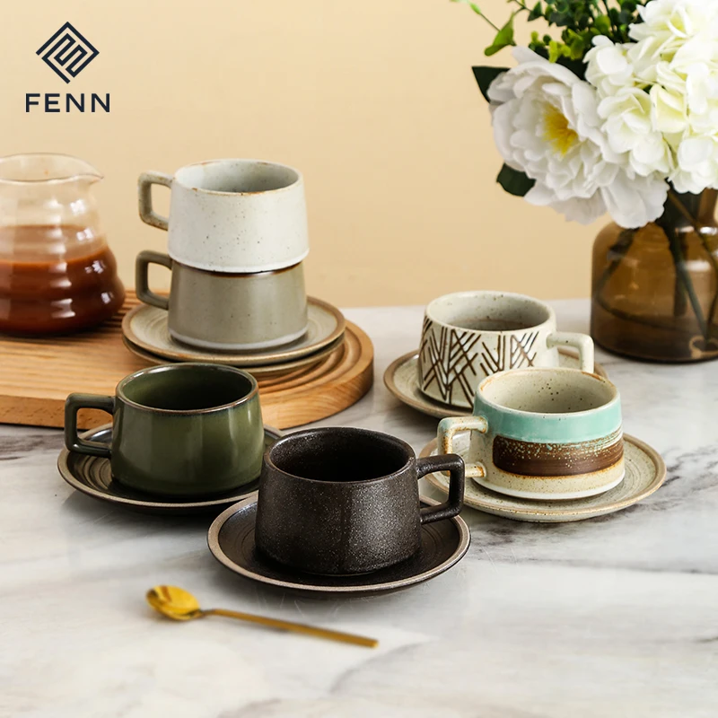 Style japonais, mug à café ou thé de 9 oz, rétro, tasses à expresso, tasses à cappuccino ou latte, en céramique avec soucoupes pour mariage