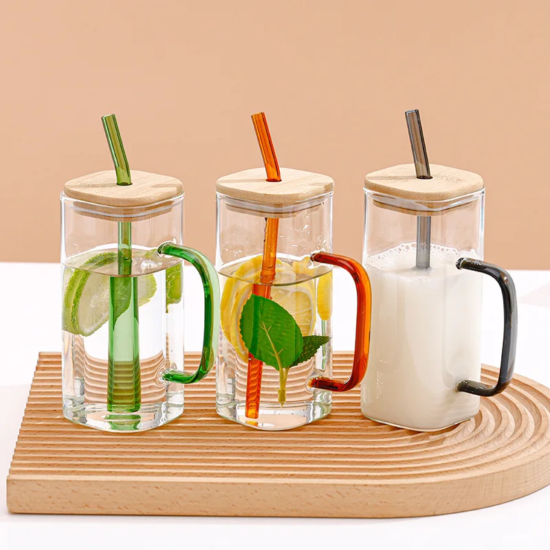 400ml Clear Square Base Glass Cup With Bamboo Lids And Straws
