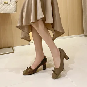 Women's High Heels Single Shoes 3266-6 French Advanced Design Small V Square Head Temperament Thick Heel Niche Small Bow Autumn