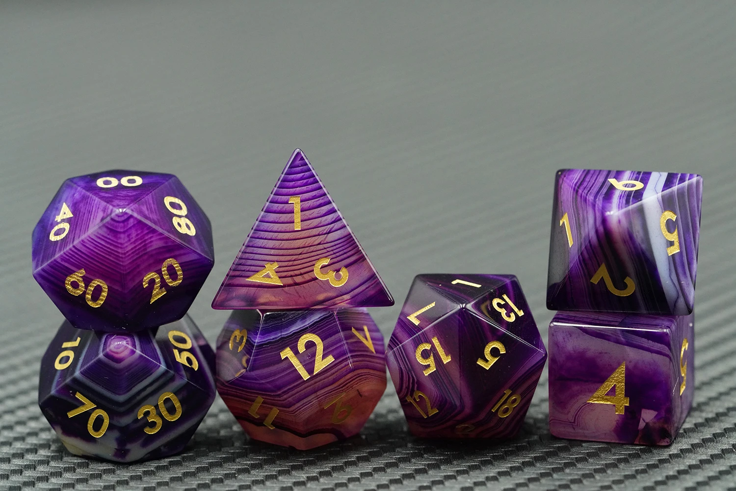 Polyhedral Custom Logo Rpg Dungeons and Dragons Stone Sharp Edge Sides Pattern Natural Purple Agate Gemstone Stripe Dice Set supplier