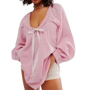 Women's Oversized Top Casual Wear Pinstripe Blouse Ruffle Neck Long Sleeve Plus Sized Tops