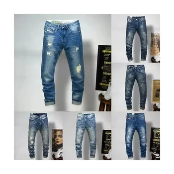 Straight Jeans Men's Pants Mid Waist Stretch Slim Business Casual Wholesale Cotton Light Bulbs Customized Logo Woven Lightweight