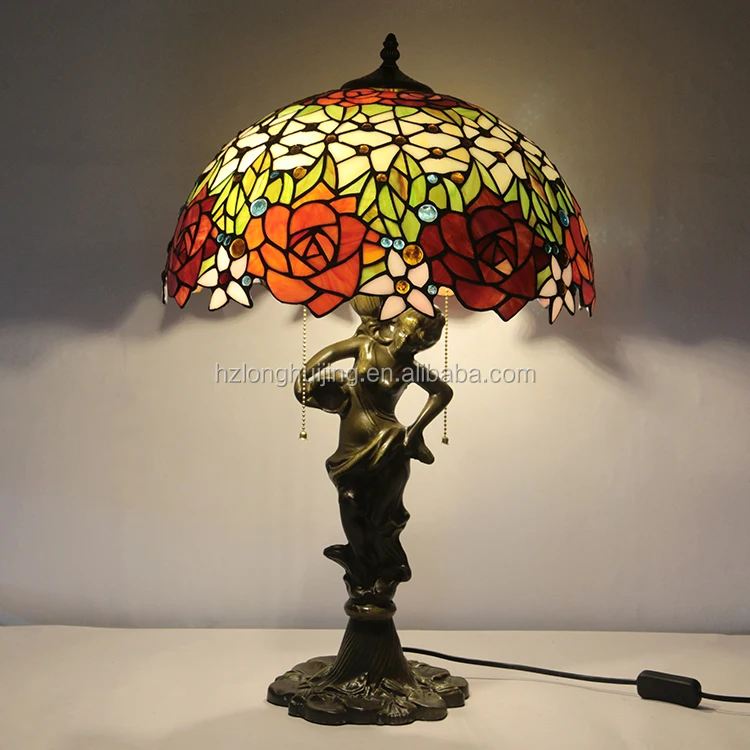 LongHuiJing Tiffany-Style 2-Light Flower Table Lamp with 20" Lampshade