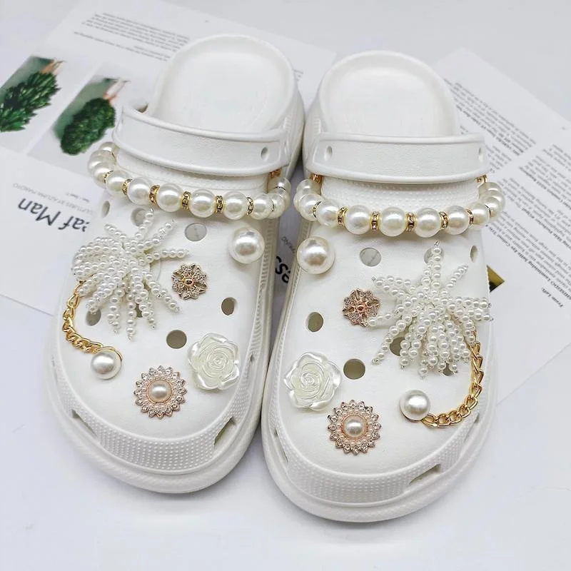 Hot Selling Pearl Chain Bling Croc Charms Crystal Shoe - Temu New