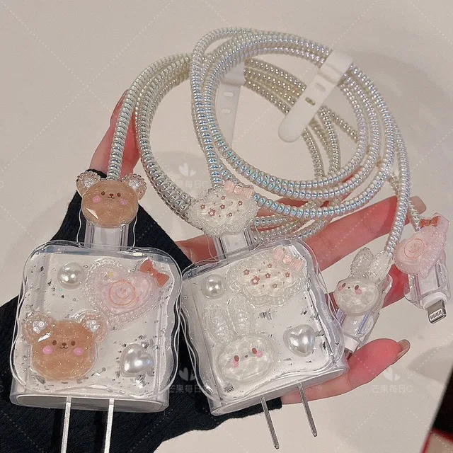 Hot selling soft case cute bear charging cable winding strap for iPhone 14 Promax charging head protective case