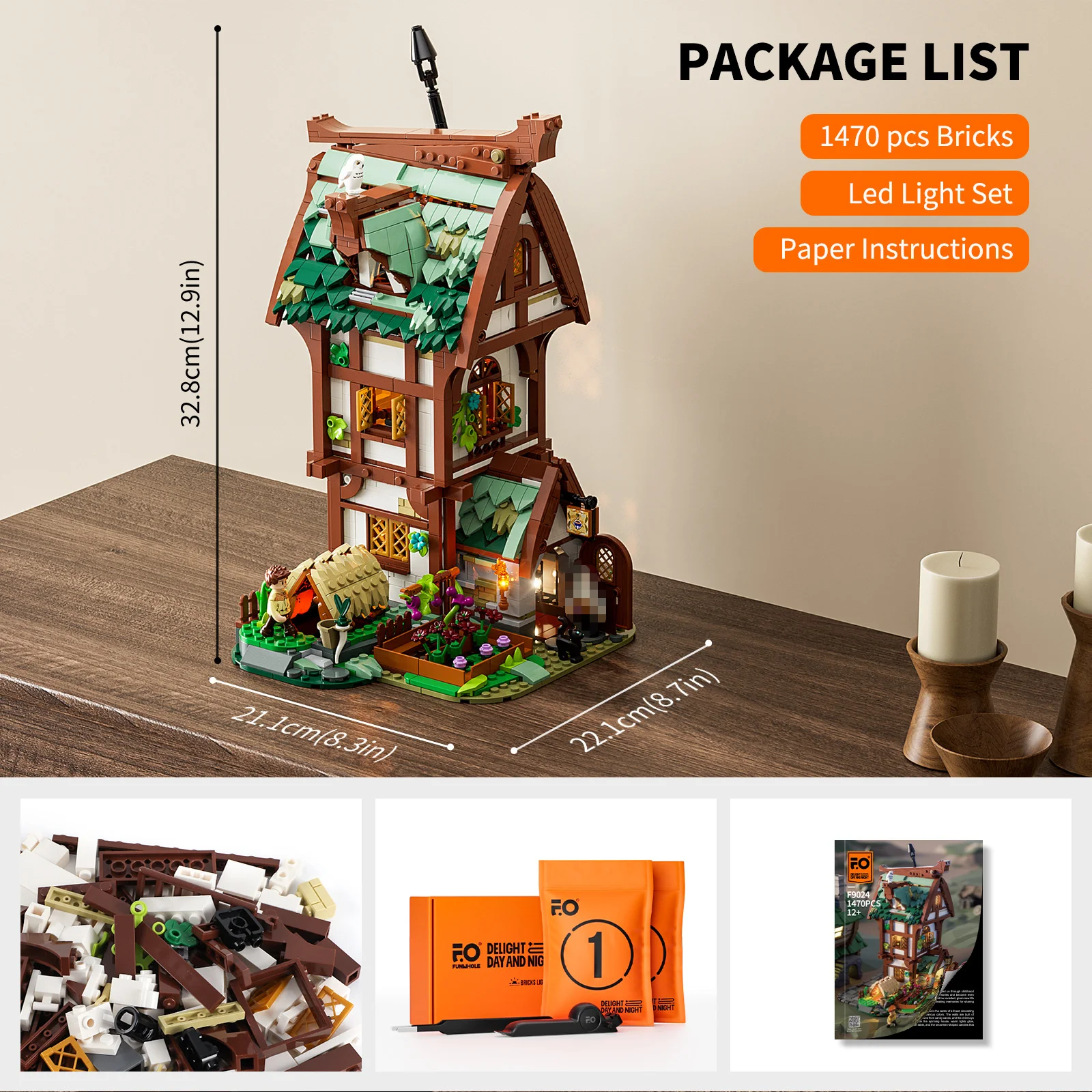 Funwhole Medieval Street View Series Market Wharf Tavern Potion shop  Watchtower Modelo con luz LED Moc Juguetes de bloques de construcción