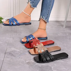 Wholesale 2026 New Women's Solid Color Cross Line Flat Beach Sandals for Women slippers