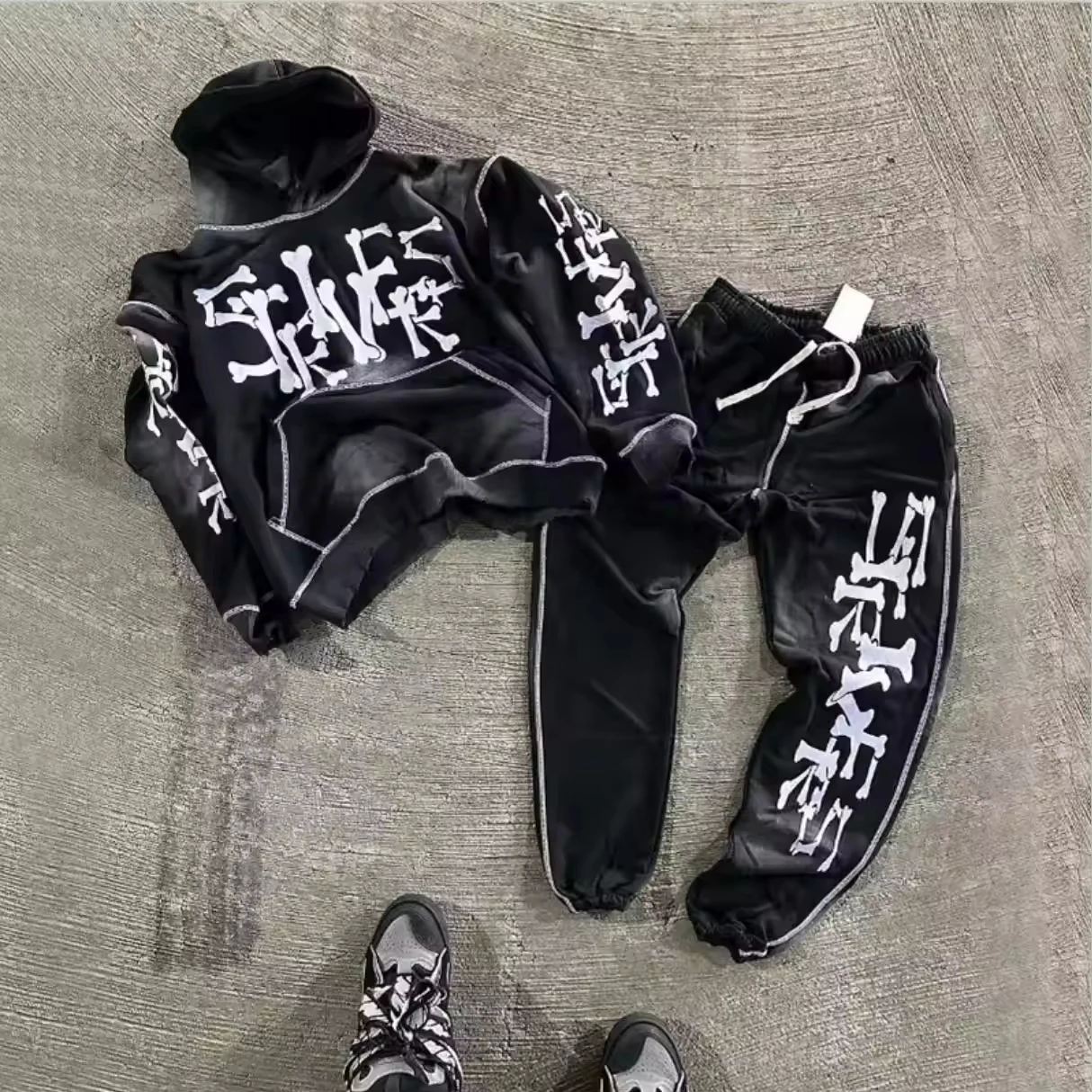 Custom Streetwear Jogging Suits 2 Piece Flare Sweatpants and Hoodie Set Men Distressed Vintage Acid Wash Tracksuit for Men gallery 3