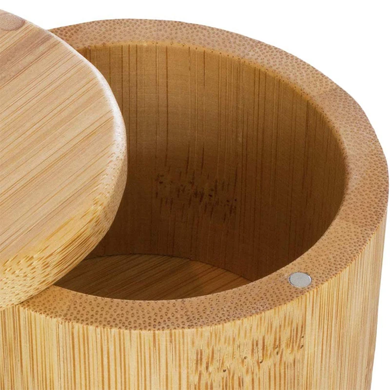Boîte à sel en bambou à 3 étages avec couvercle pivotant magnétique - Pot à épices rond pour sel, épices, herbes, assaisonnement, poivre, etc