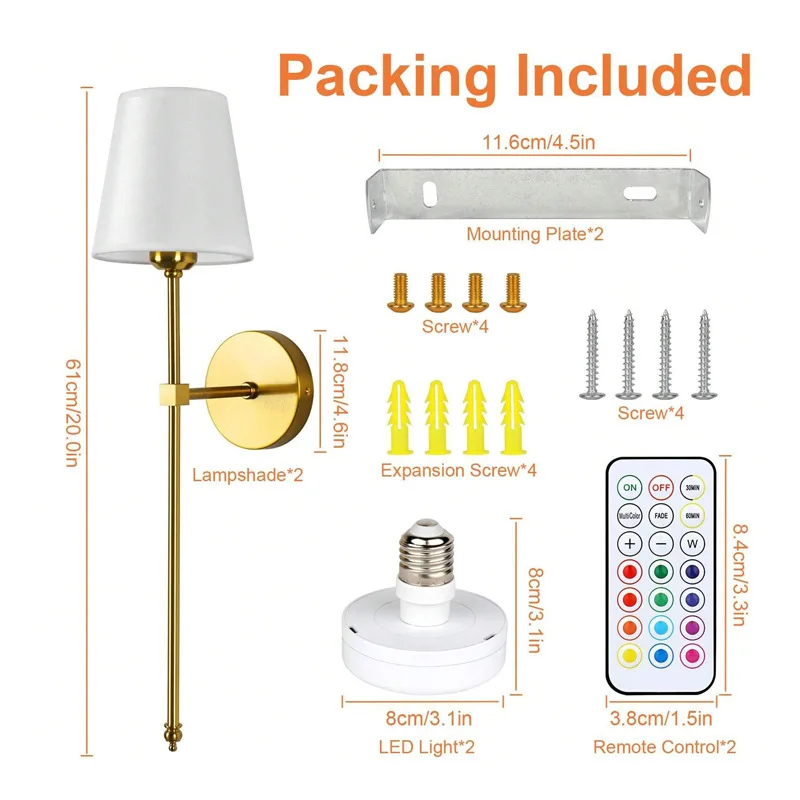 product living room indoor gold rgb dimmable wireless battery operated wall sconce with remote control set of 2 rechargeable wall lights-37