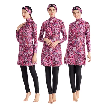 S-6XL 3 Pcs Muslim Fashion Printing Patchwork Traditional Ethnic Women Bikini Islamic Swimming Suit Plus Hijab Top And Pant