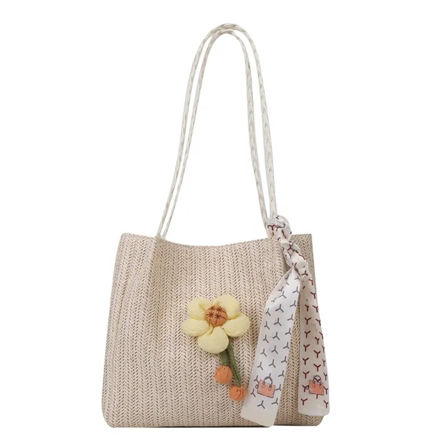 One Shoulder Handbag Large Capacity Straw Woven Bucket Bag with Floral Design Textile Packaging