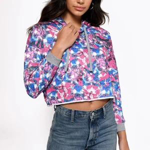 Women's French Terry Cropped Hoodie Full Printed Raw Hem Cut Anti-Wrinkle Anti-Pilling Front Plain Dyed OEM Spring Hoodie