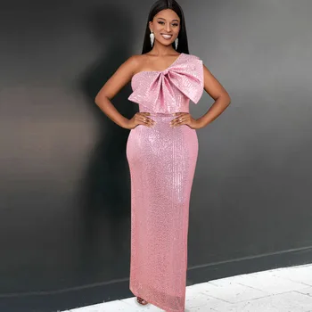 Maxi Pink Cute Bridesmaid One Shoulder Sequined Lady Evening Dresses