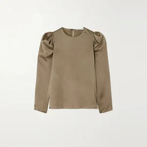 Clothing Manufacturer Custom Spring Autumn Khaki Crew Collar Long Sleeve Elegant Casual Women Satin Shirts