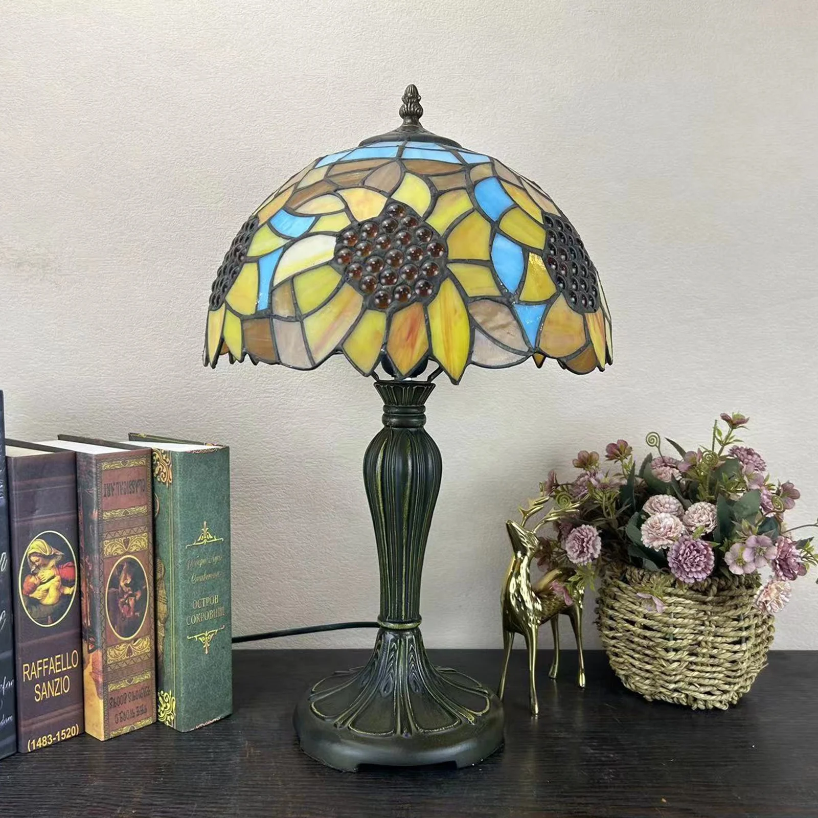 LongHuiJing Tiffany 12Inch Colored Glass Table Lamp Sunflower Living Room Mediterranean Retro Baroque Style Table Lamp