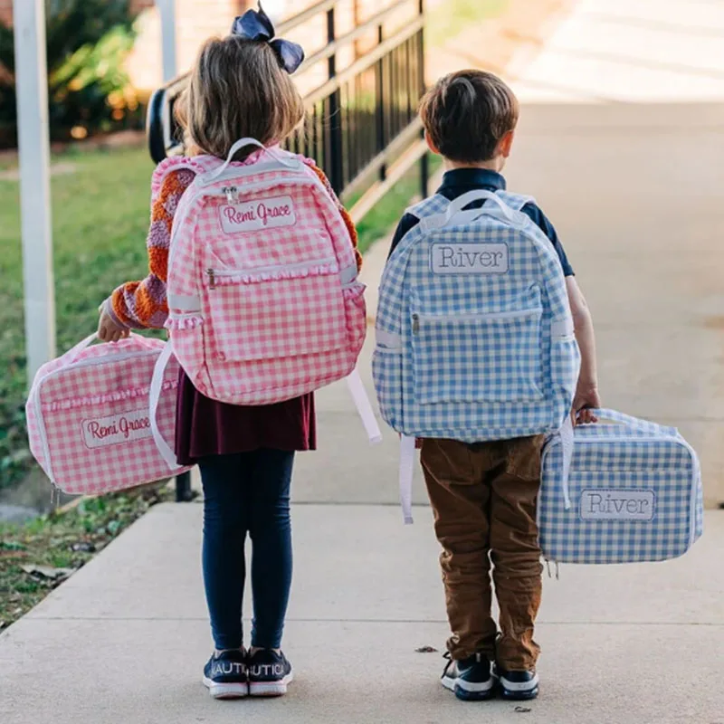 Wholesale Design School Bag Set Letter Patch Backpack Bag Gingham Kids