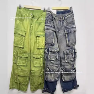 Women's Casual High-Waist Wide Leg Jeans Overalls Solid Vintage Freight Pants Washed Technique Summer Collection Available for