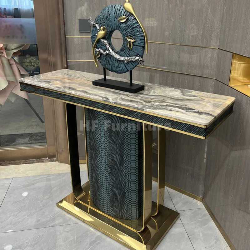 Crocodile Skin Hallway Console Table Gold Console Table Modern Luxury Marble Top