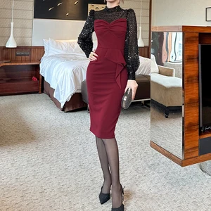 ZYHT 31330 Burgundy Midi Dress with Sequin Mesh Puff Sleeves, Bow Detail & Peplum Ruffle Bodycon Silhouette Party Dress