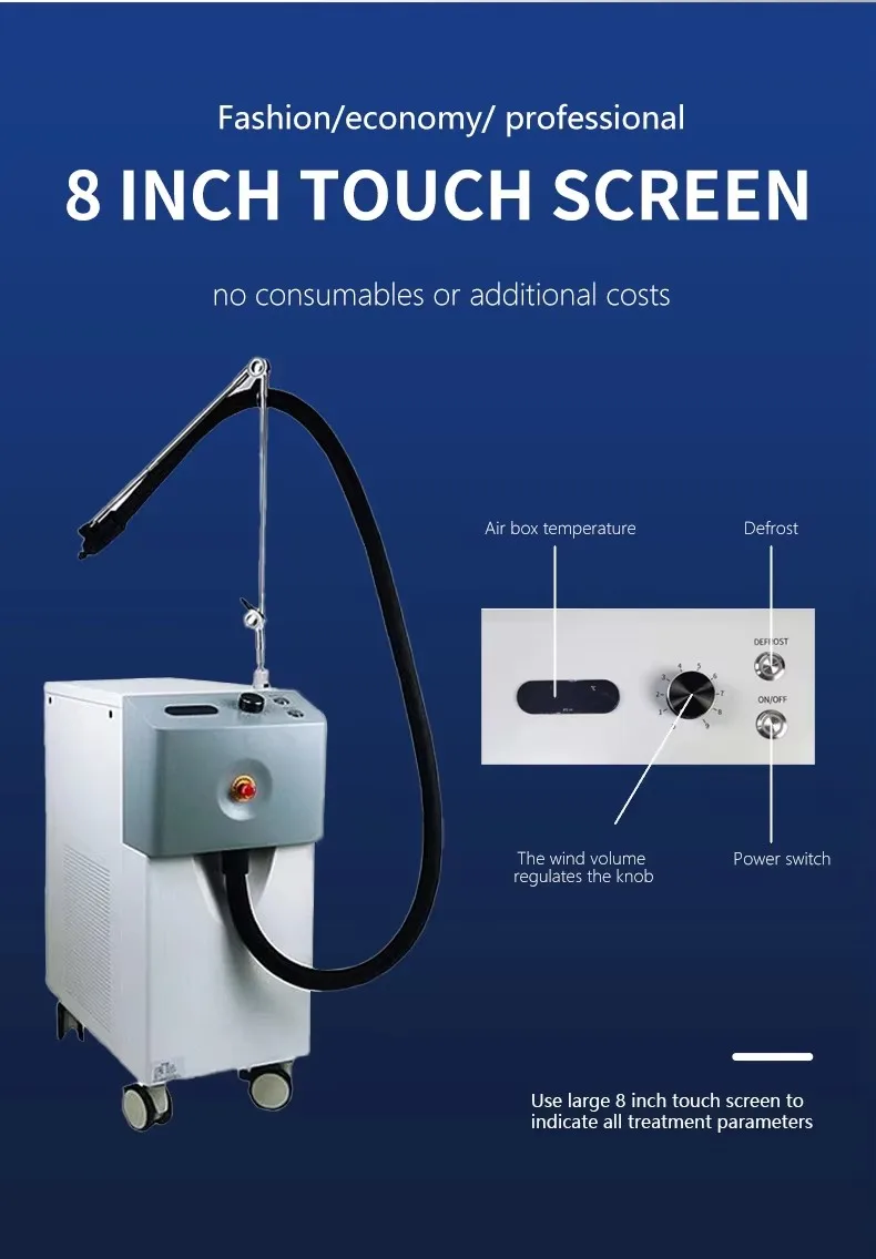 Discover the professional cryo air skin cooling machine designed for laser hair removal, tattoo removal, and aesthetic treatments. −30°C cooling technology improves patient comfort and protects skin during procedures. Professional Cryo Air Skin Cooling Machine for Laser & Aesthetic Treatments