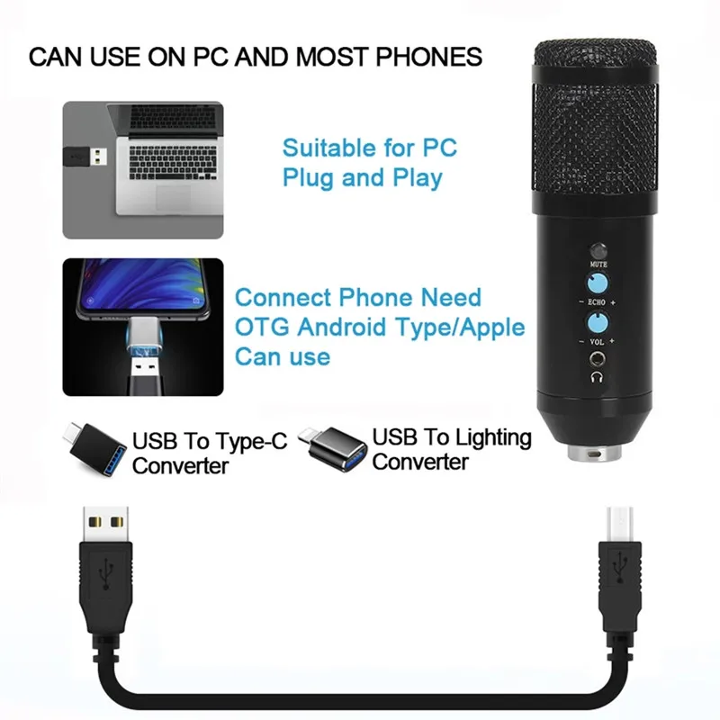 USB Mic BM858 Desktop Gaming Computer Condenser Microphone Set for Karaoke Tiktok Youtube Studio Video Podcast Recording Mic