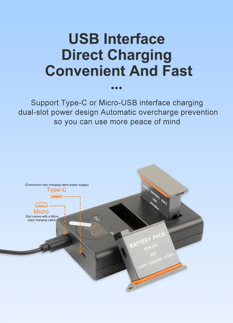 Smart LCD Display Portable AB1 Battery Dual Charger With TYPE-C Micro for DJI AB1 and DJI OSMO Action Camera supplier