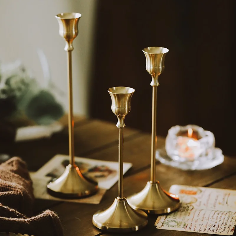 Antique Minimalist Brass Long Stemmed Tapered Candle Holder Stick Set Holders Decorative Gold