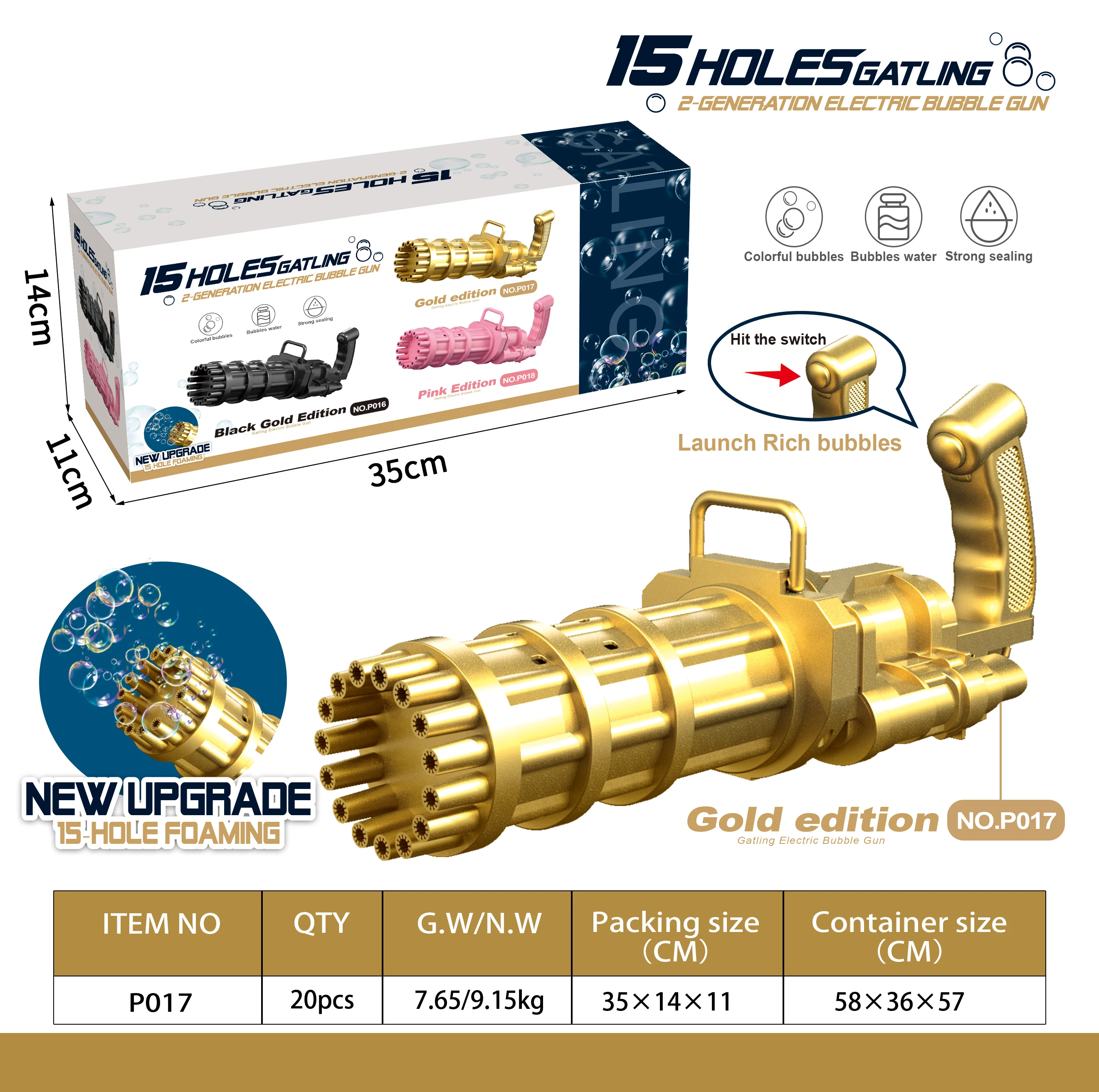 
 Обновление, 15 отверстий, новинка, пузырьковый пистолет Гатлинга, детская пузырьковая машина, уличные игрушки, пистолет Гатлинга  