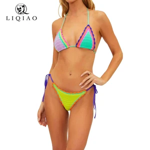Women's Crochet Rainbow Color Block Bikini Set - Halter Neck Adjustable Side Tie Two-Piece Swimwear Customizable Swimwear