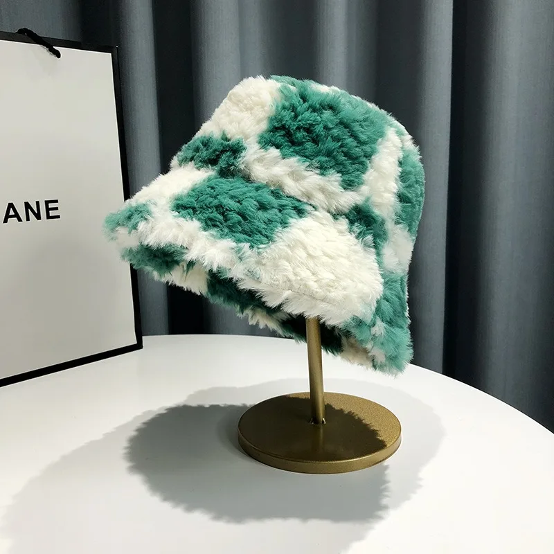 2022 Top Quality Patchwork  Custom Plaid Furry Fluffy Faux Fur Bucket Hat