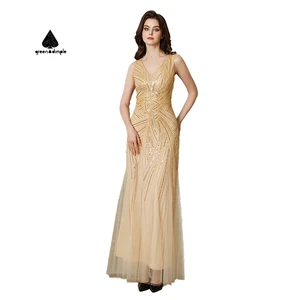 Customize Luxury Design Elegant Slim Long Women Champagne V Neck Maxi Dress Sequin Embellished Tulle Vintage Galas Party Dress