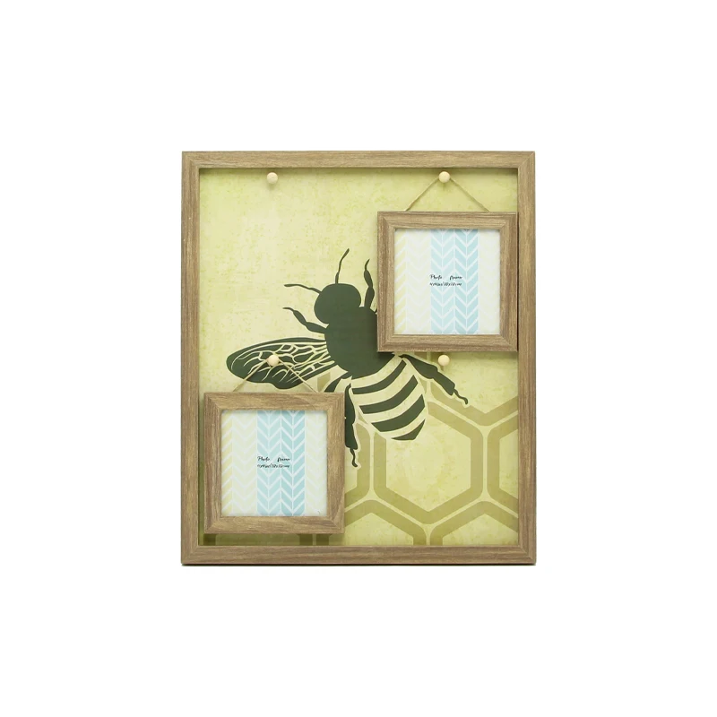 Rustic Brown Picture Collage Photo Frame with Bee Background Hanging Photo Frame With Wood Clips for 4x4 Small Photo Display