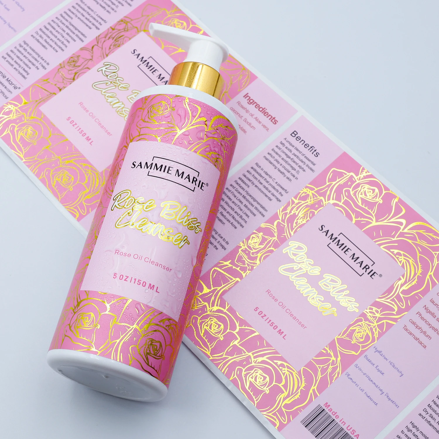 Customized Digital Printing Waterproof Vinyl Adhesive Cosmetic Skin Care Makeup Gold Foil Label Large Stickers Logo Custom
