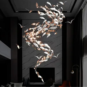 Long Floating Leaf Chandeliers Hotel Lobby Villa Large Customized Decorative Glass Pendant Lights