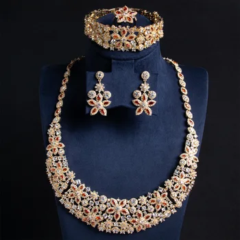 Luxury Flower Women Party Costume Rhinestone Necklace Bracelet Ring Earrings Jewelry Sets For Brides Wedding Accessories