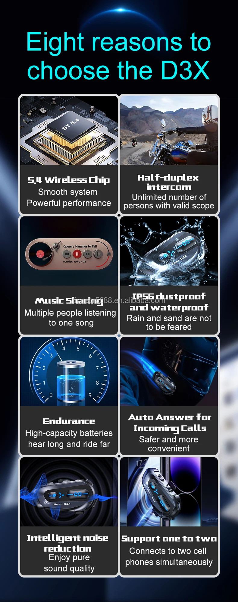product tiypeor motorcycle bluetooth headset with 6 riders helmet intercom music sharing noise cancellation fm radio microphone-2