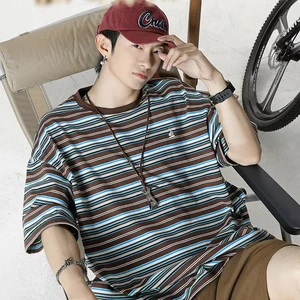 OEM & ODM Vintage Trendy Summer T-Shirt for Men Women Character Contrast Striped Short-Sleeved