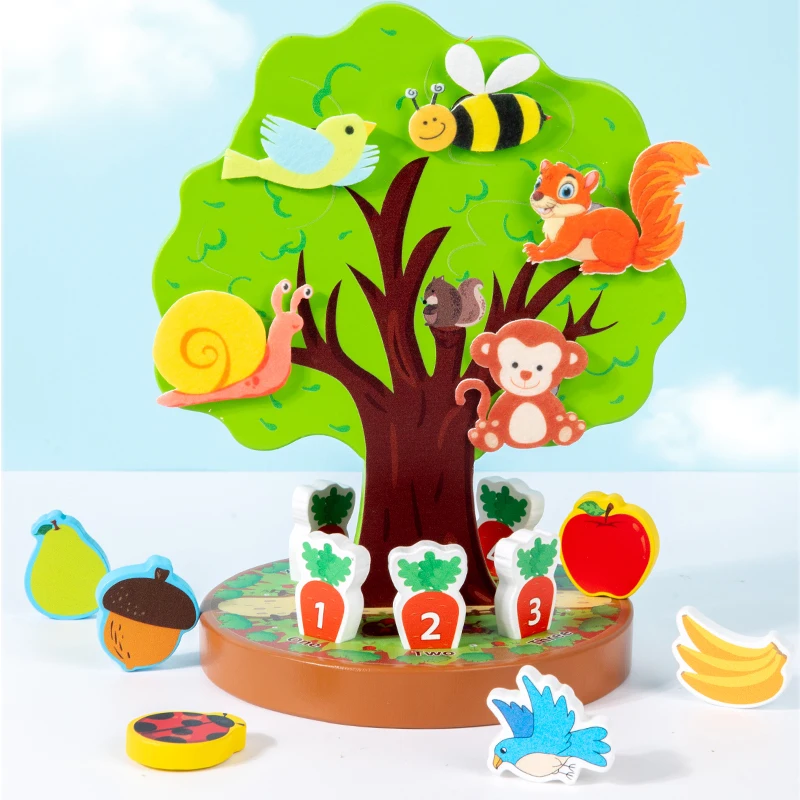 Montessori Early Education Wooden Toys Creative Animal Fruit Felt Sticker Tree Toy for Toddlers Fine Motor Skill Development