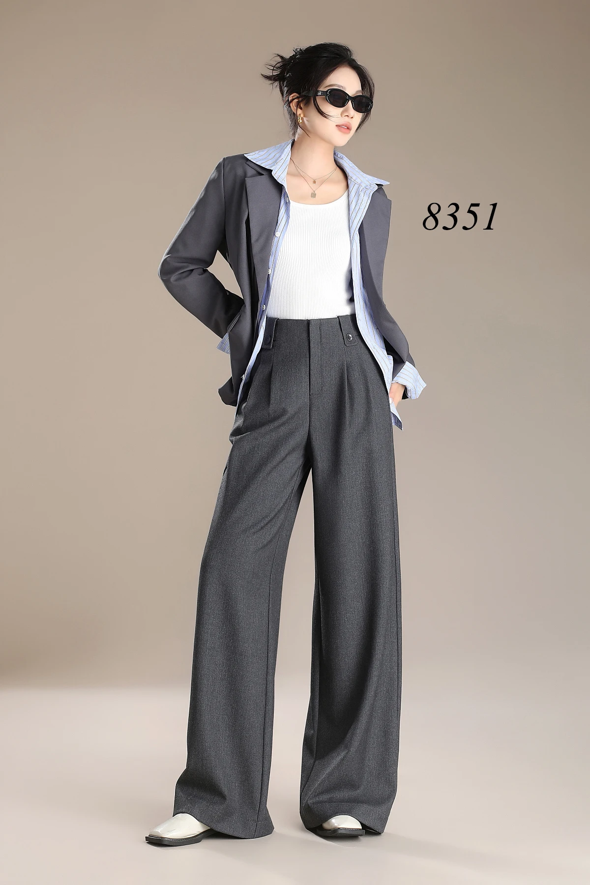Women's High Mid Waist Office Pants Autumn Winter Wide Leg Straight Long Trousers for Ladies