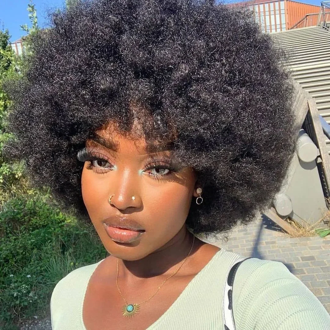 Fluffy Afro Kinky Curly Human Hair Wig Natural Short Bob Wigs_voghion.com