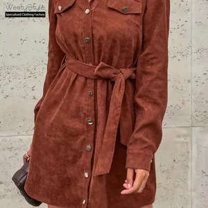 WestyStyle Women's Elegant Temperament Solid Woven Corduroy Empire Waist Full Sleeve Mini Dress Casual Breathable Washable Party