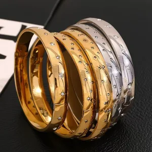 18K Gold Stainless Steel Wide Star Clasp Bracelet 6mm White Zircon Oval Inner Size 6mm Fashionable 6mm White Zircon Bangles