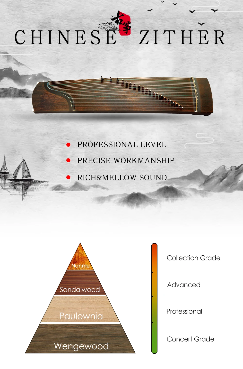 Naomi Professional 21 Strings Paulownia Guzheng Tang Style Chinese