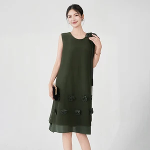 2025 Latest Design Women's Elegant Dress Design Sense Solid Color Crew Neck Stretch Sleeveless Dress Miyake Pleated Dress