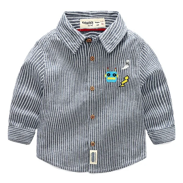 New Premium Embroidered Robot Striped Cotton Long-sleeved Butterfly Shirt for Boys Bloemen
