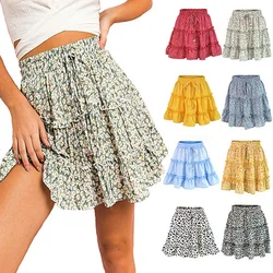 High Waist Womens Summer Cute Pleated Skirt Floral Print Boho A Line Leopard Skater Mini Skirts With Drawstring Ruffle