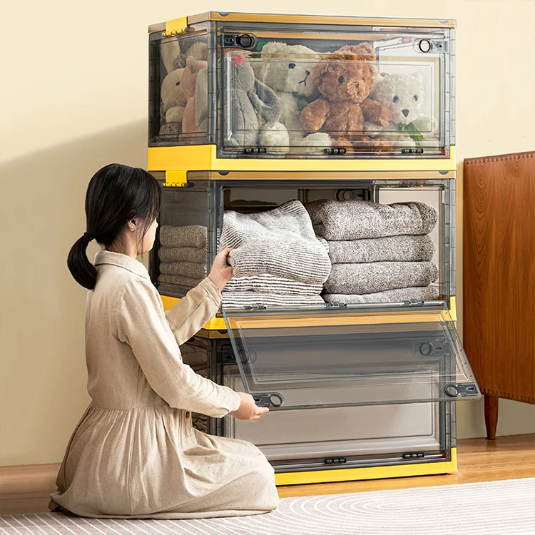 Factory Stock 28L Plastic Stackable Folding Storage Box with Double Door and Lids Large Capacity Containers Bins Baskets